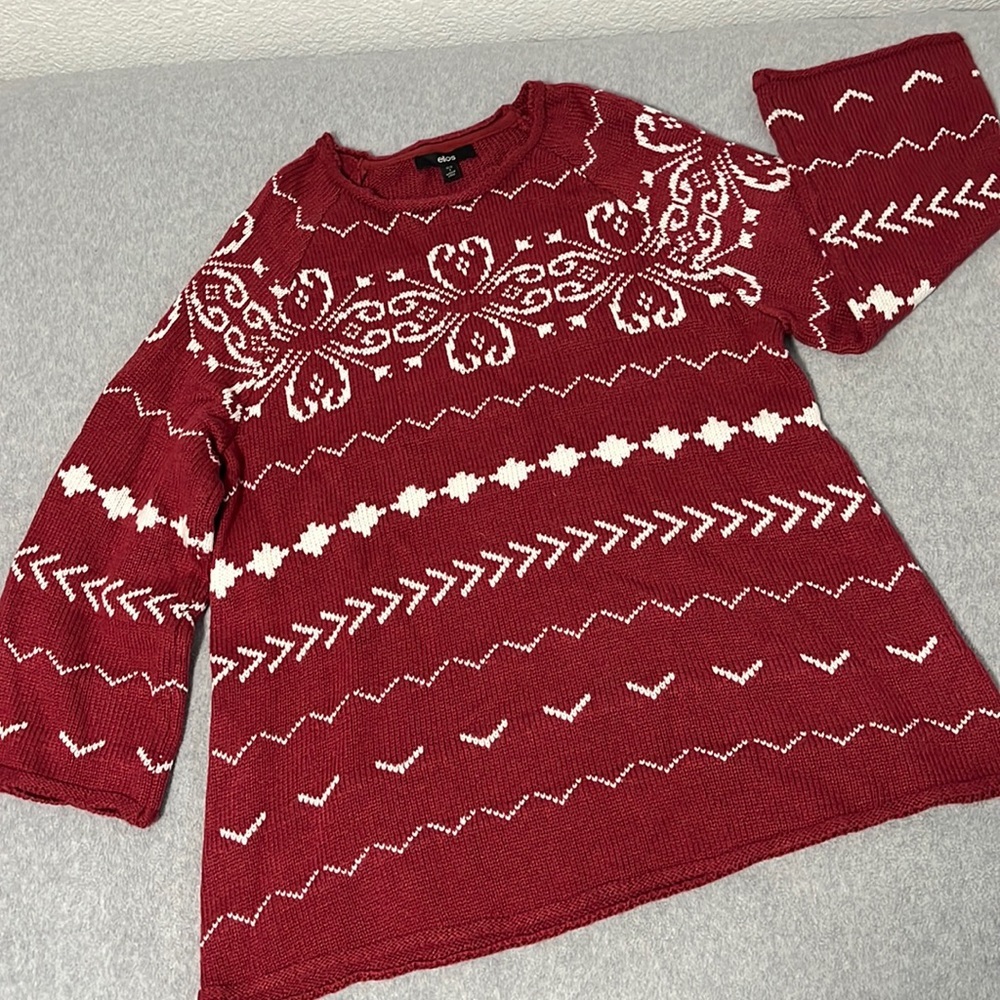 Wool Fair Isle Tunic Sweater Medium Holliday Christmas Nordic Chunky Red